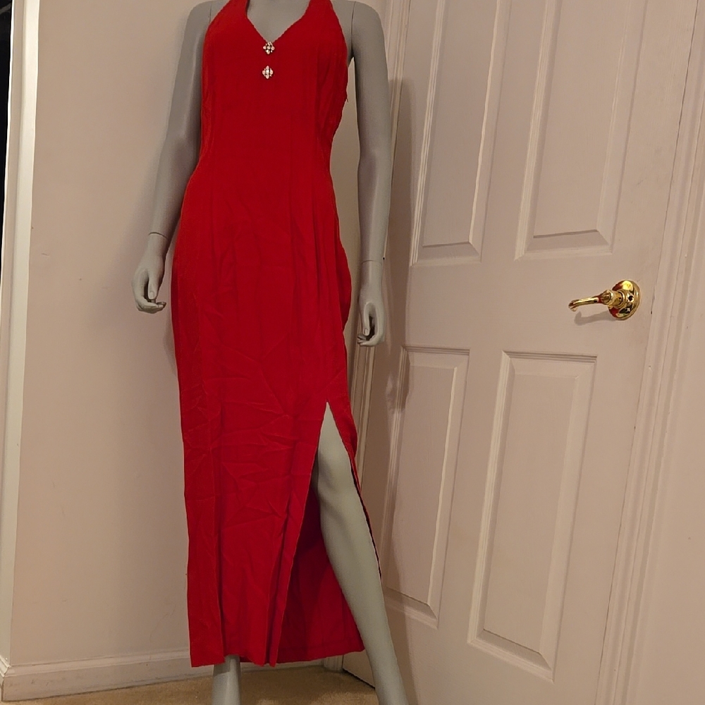 Red Sleeveless Halter Neck Maxi Gown with High Slit